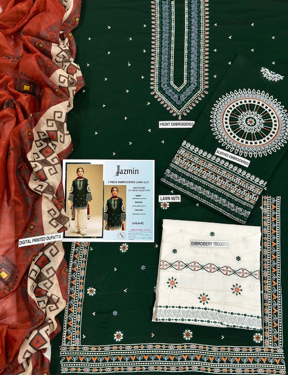 Grace Embroidery Lawn Collection – 3 Piece Unstitched Suit - Green
