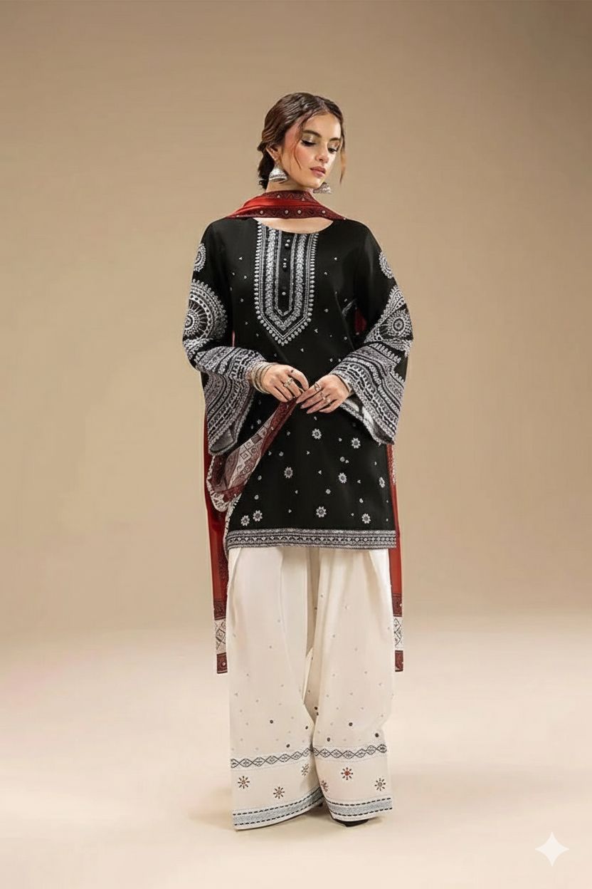 Grace Embroidery Lawn Collection – 3 Piece Unstitched Suit - Black