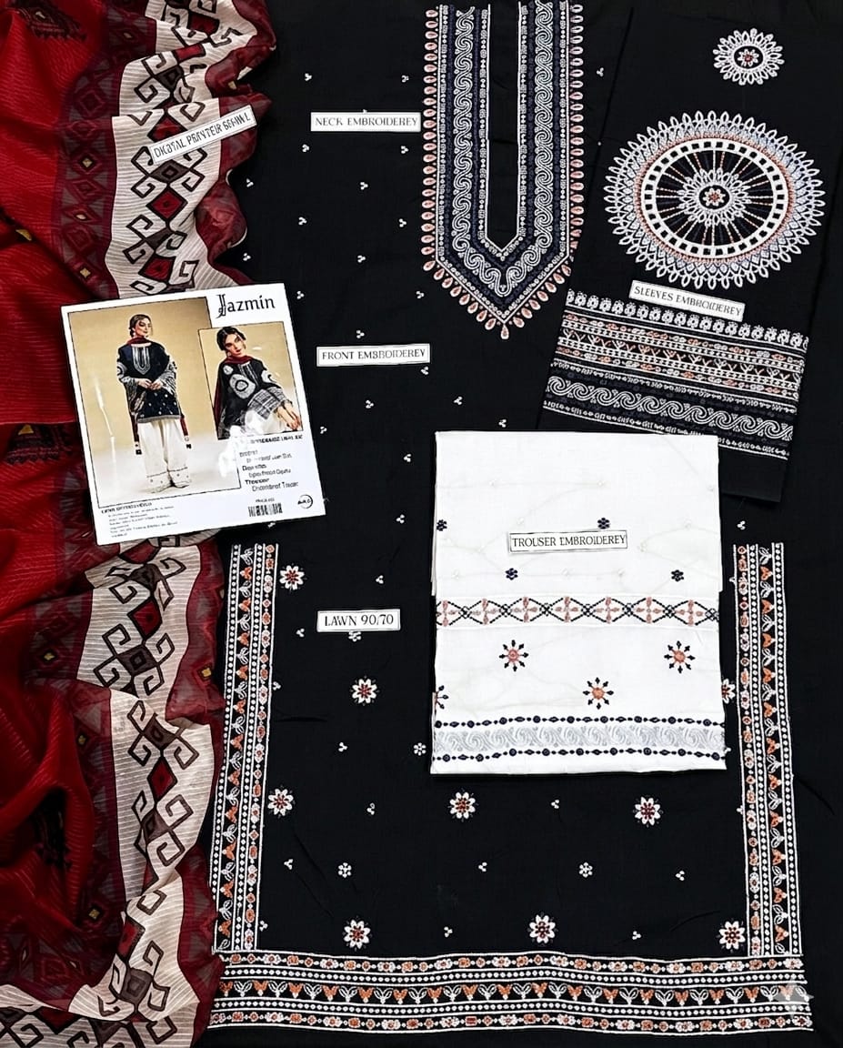Grace Embroidery Lawn Collection – 3 Piece Unstitched Suit - Black