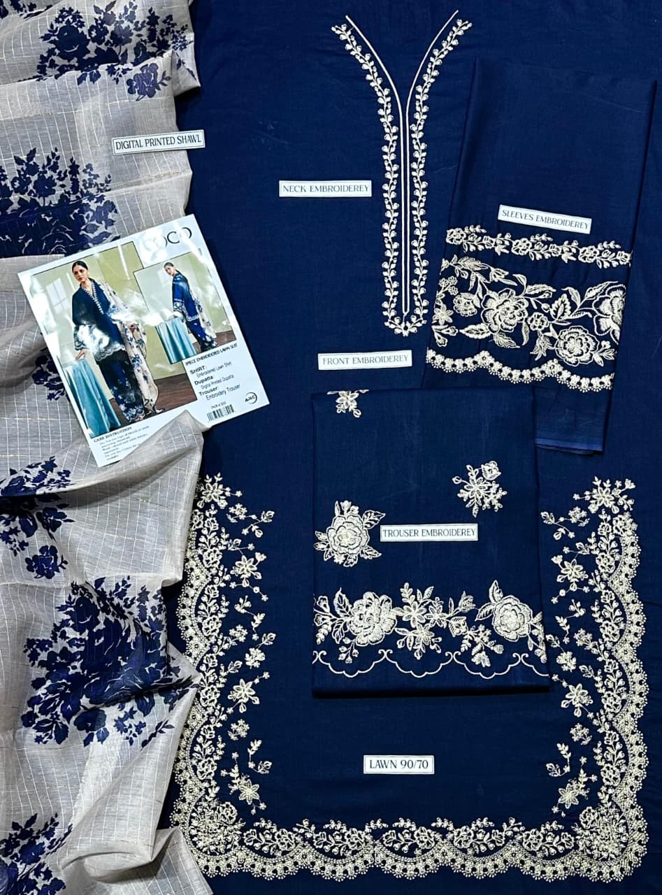 Grace Embroidery Lawn Collection – 3 Piece Unstitched Suit - navy