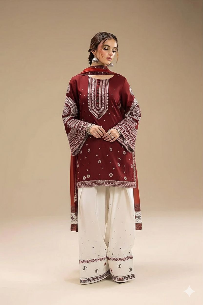Grace Embroidery Lawn Collection – 3 Piece Unstitched Suit - red
