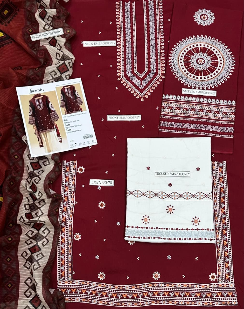 Grace Embroidery Lawn Collection – 3 Piece Unstitched Suit - red