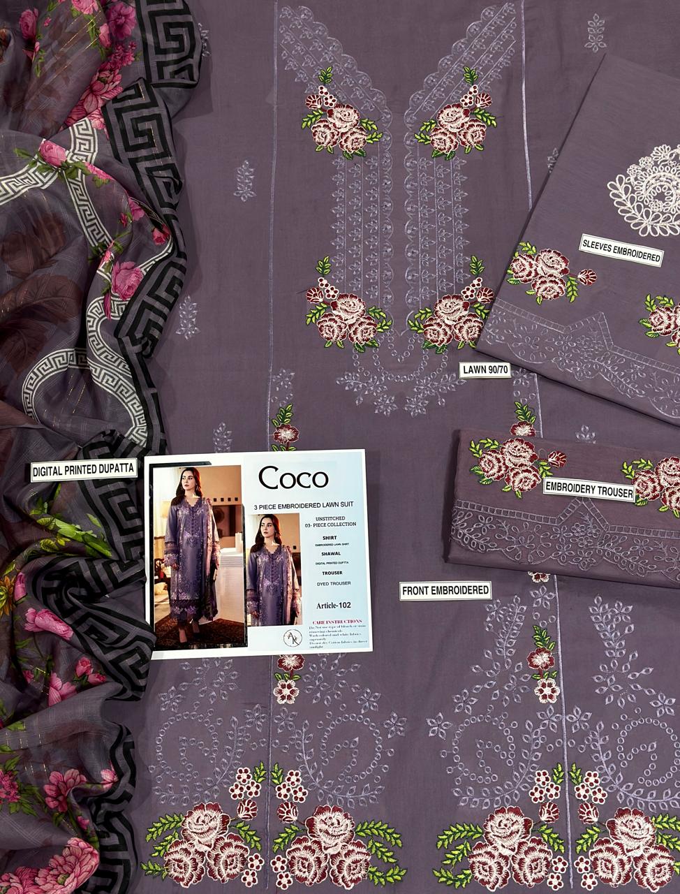 Designer Embroidery Collection - 3pc unstitched Lawn