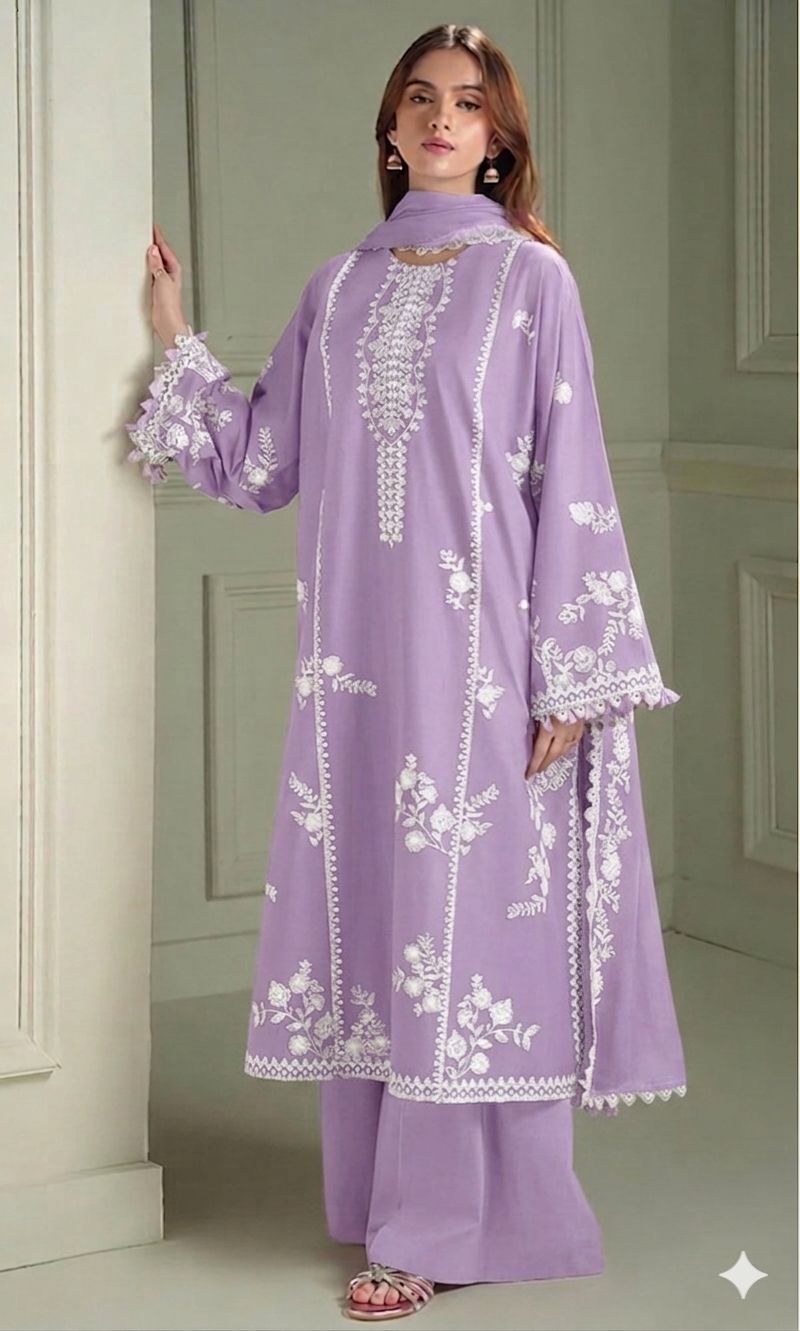 Designer Embroidery Collection - 3pc unstitched Lawn - lilac