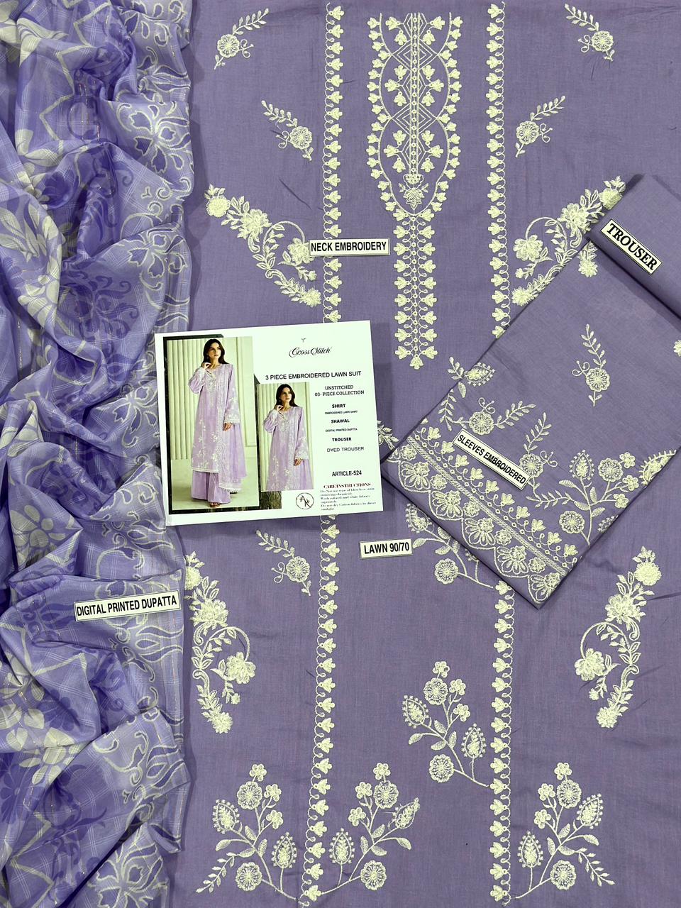 Designer Embroidery Collection - 3pc unstitched Lawn - lilac