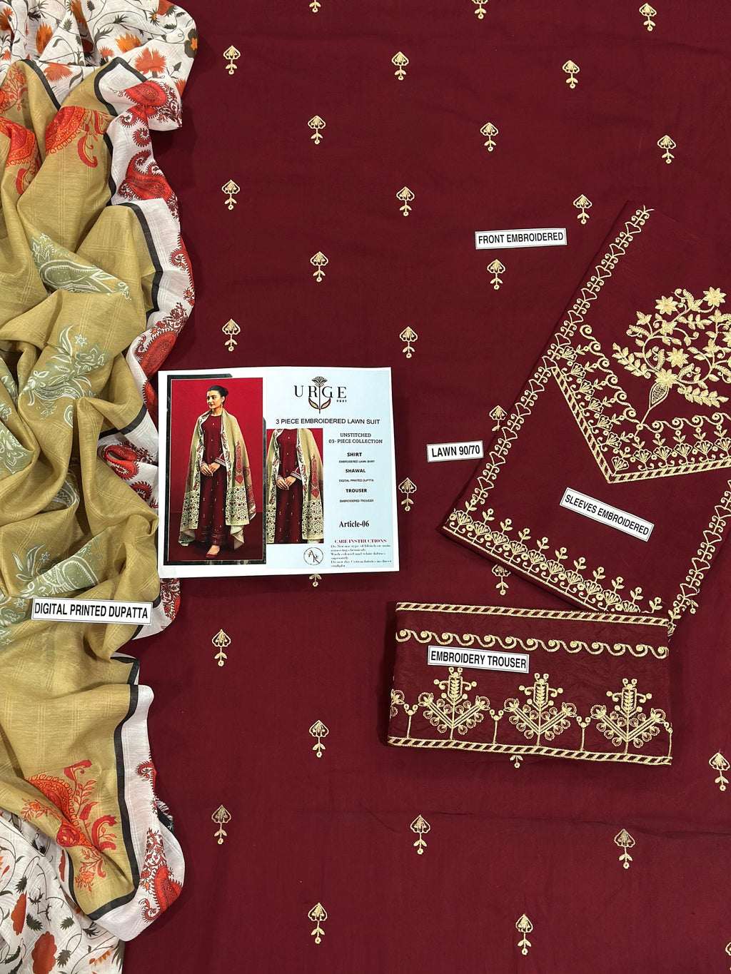 Designer Embroidery Collection - 3pc unstitched Lawn - Red