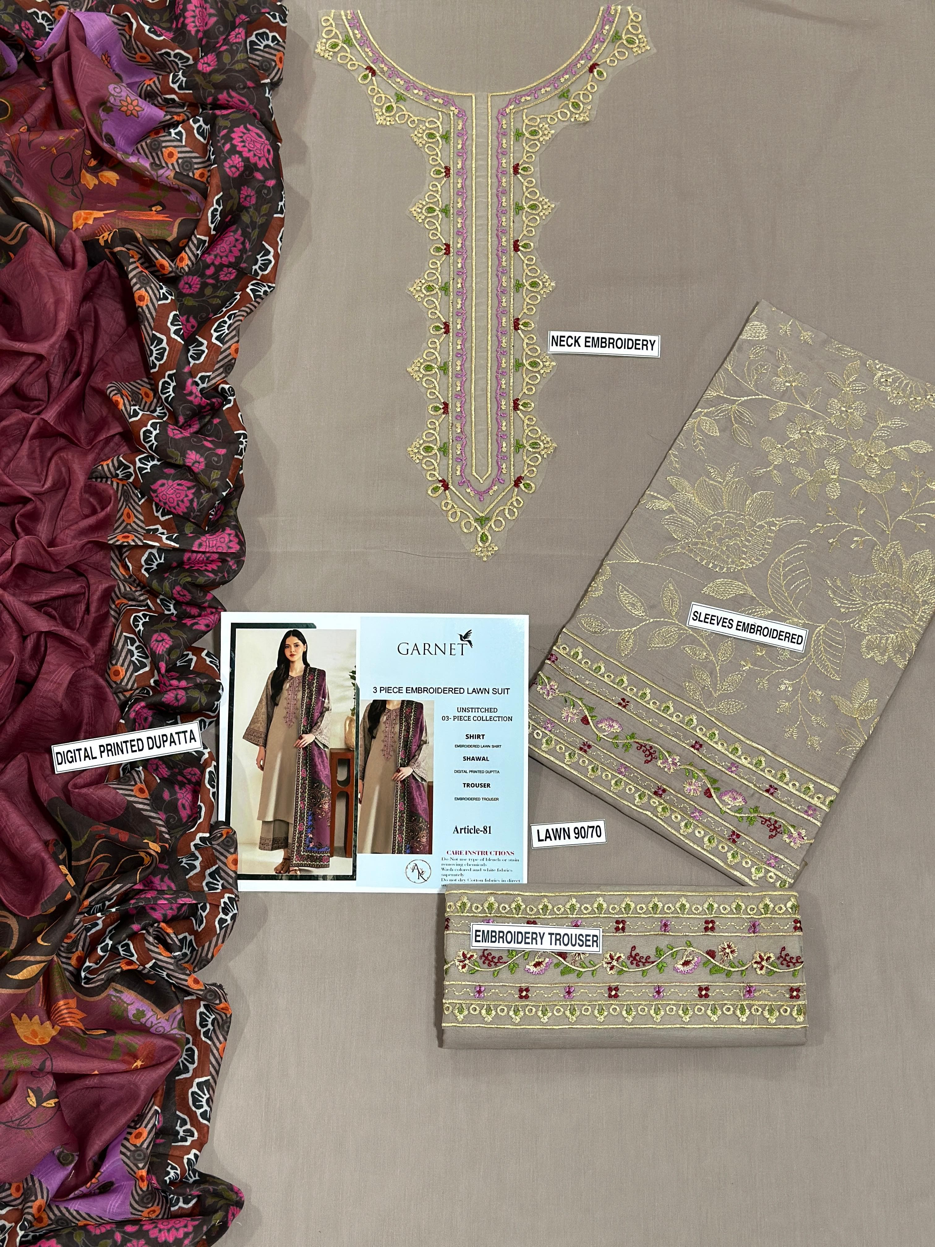 Designer Embroidery Collection - 3pc unstitched Lawn