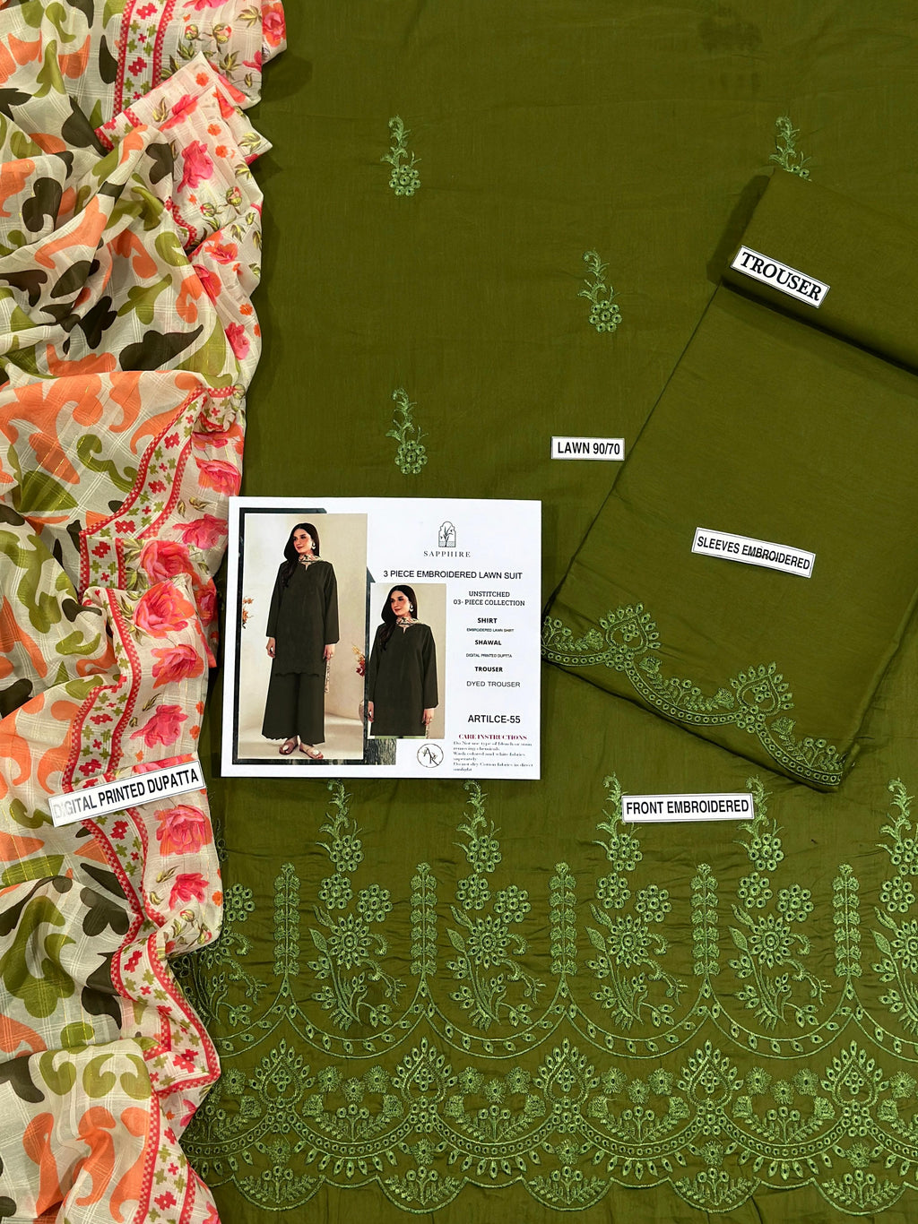 Summer Lawn Collection – Embroidered 3 Piece Unstitched Dress - Green Shade