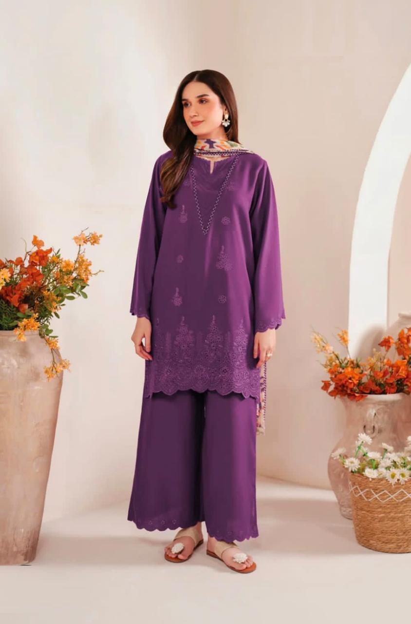 Summer Lawn Collection – Embroidered 3 Piece Unstitched Dress - Purple Color