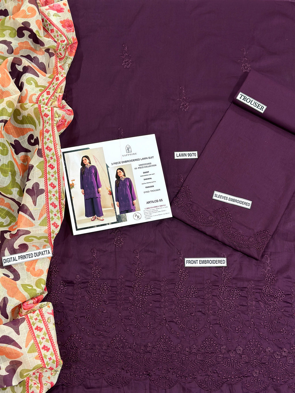 Summer Lawn Collection – Embroidered 3 Piece Unstitched Dress - Purple Color