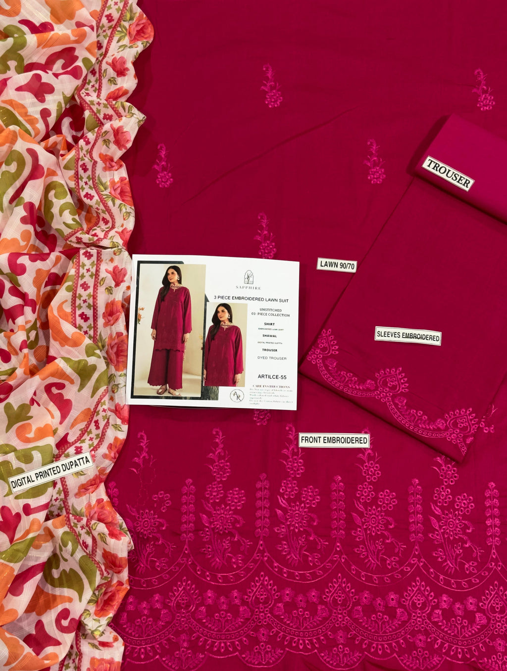 Summer Lawn Collection – Embroidered 3 Piece Unstitched Dress - Red shade
